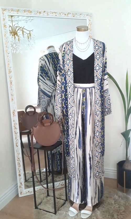 Ensemble rose fluide élégant et confortable, kimono avec ceinture et son pantalon accordé